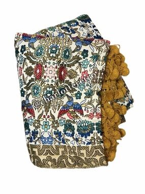 vtg Persian Tapestry w Pom Ball Fringe Trim